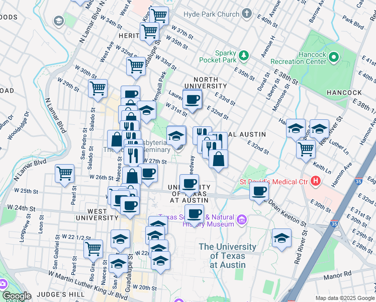 map of restaurants, bars, coffee shops, grocery stores, and more near 100 East 27th Street in Austin