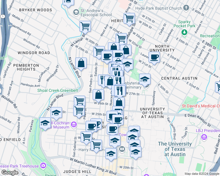 map of restaurants, bars, coffee shops, grocery stores, and more near 101 Nueces Street in Austin