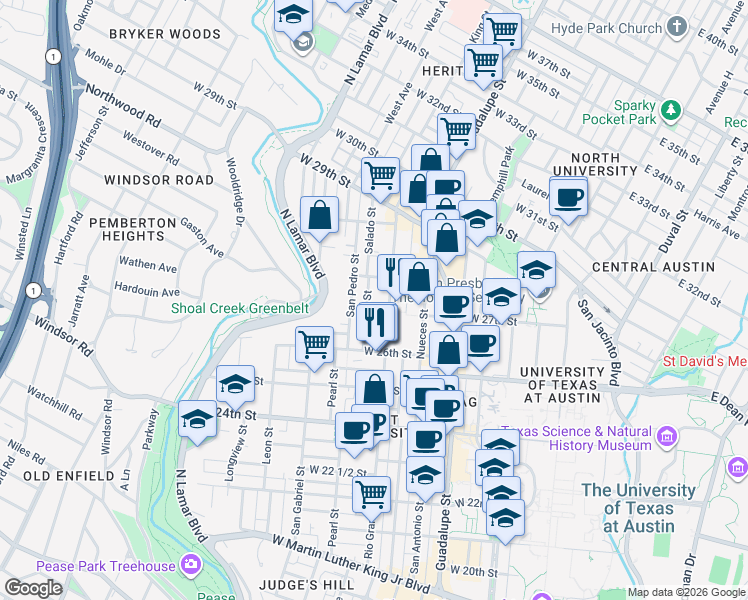 map of restaurants, bars, coffee shops, grocery stores, and more near 2704 Rio Grande Street in Austin