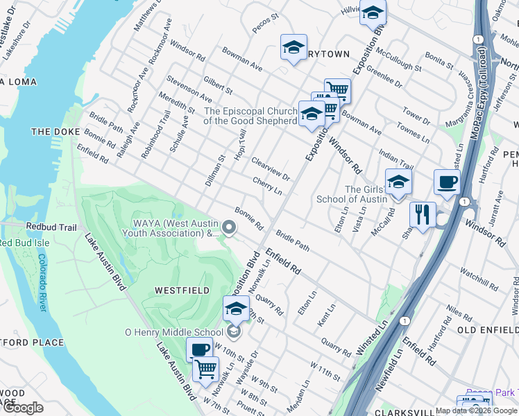 map of restaurants, bars, coffee shops, grocery stores, and more near 1700 Exposition Boulevard in Austin