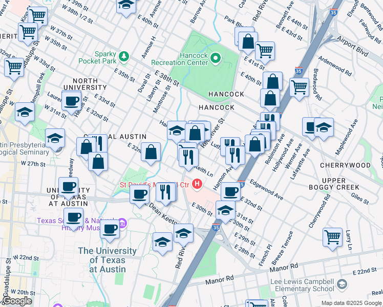 map of restaurants, bars, coffee shops, grocery stores, and more near 3304 Red River Street in Austin