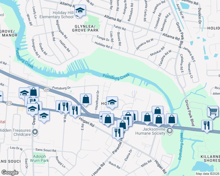 map of restaurants, bars, coffee shops, grocery stores, and more near 1540 El Prado Road in Jacksonville