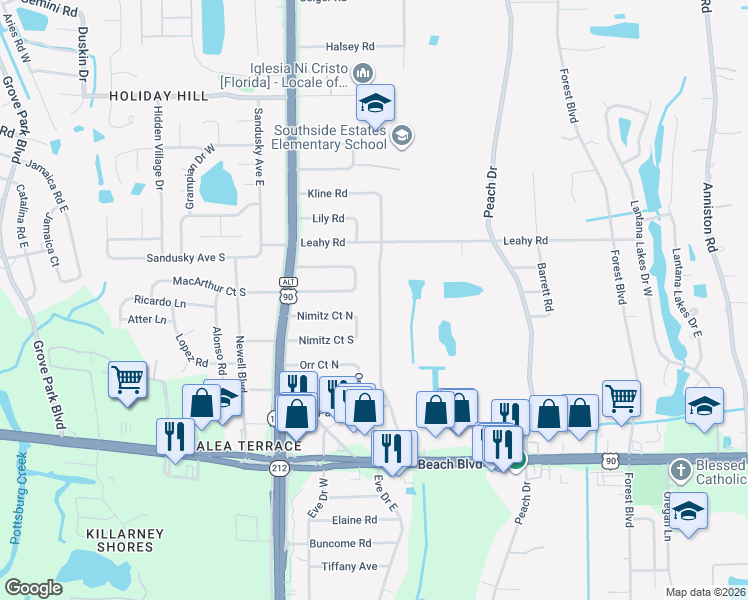 map of restaurants, bars, coffee shops, grocery stores, and more near 2924 Kline Road in Jacksonville