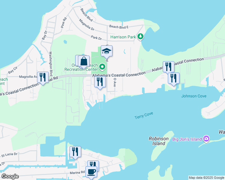 map of restaurants, bars, coffee shops, grocery stores, and more near 4601 D Avenue in Orange Beach