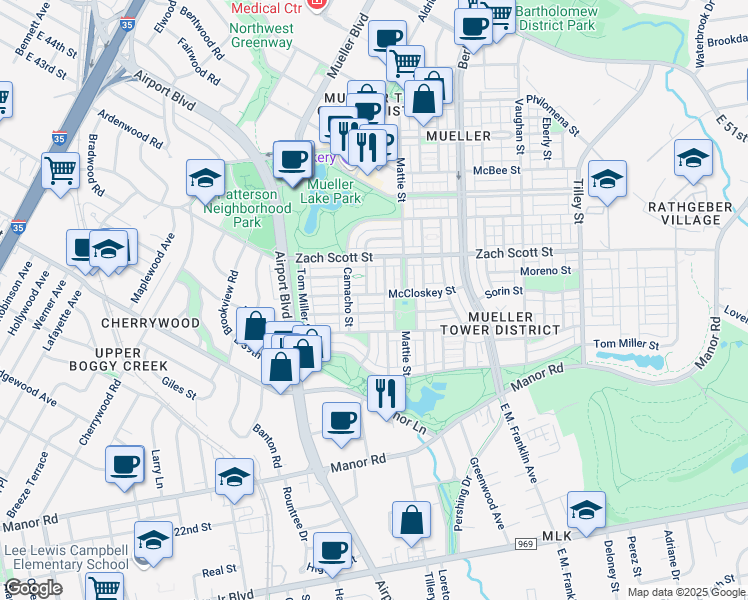 map of restaurants, bars, coffee shops, grocery stores, and more near 2025 McCloskey Street in Austin