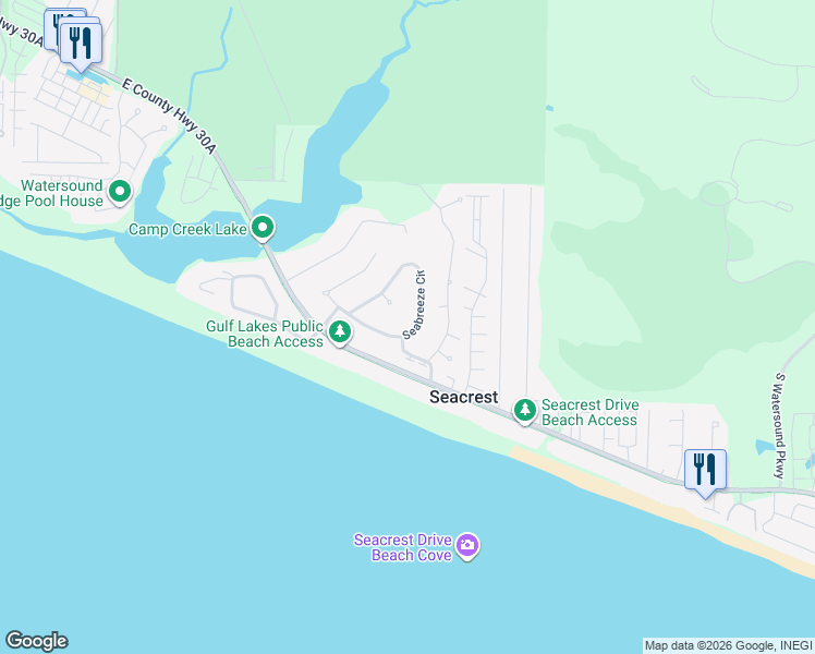 map of restaurants, bars, coffee shops, grocery stores, and more near 205 Seabreeze Circle in Panama City Beach