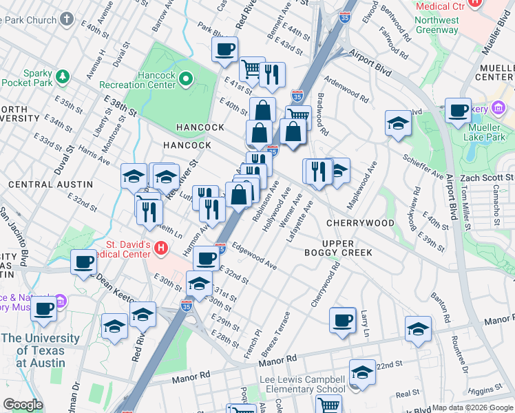 map of restaurants, bars, coffee shops, grocery stores, and more near 3421 North Interstate 35 Frontage Road in Austin