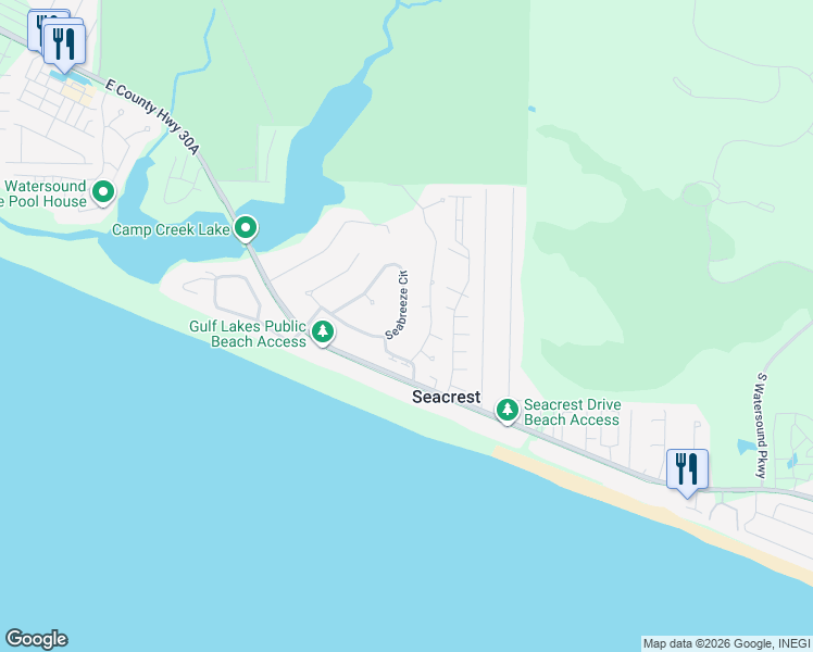 map of restaurants, bars, coffee shops, grocery stores, and more near 212 Seabreeze Circle in Seacrest
