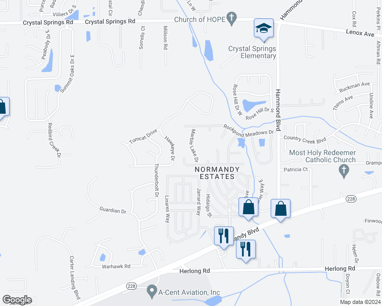 map of restaurants, bars, coffee shops, grocery stores, and more near 1582 Marble Lake Drive in Jacksonville