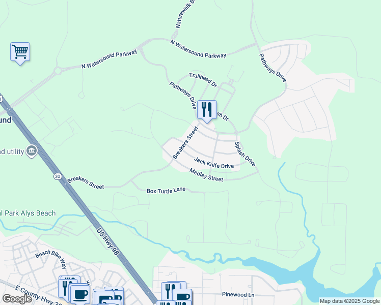 map of restaurants, bars, coffee shops, grocery stores, and more near 322 Jack Knife Drive in Panama City Beach