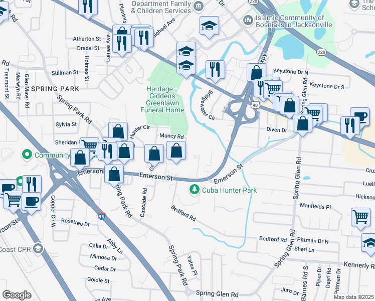 map of restaurants, bars, coffee shops, grocery stores, and more near 3289 Bedford Road in Jacksonville