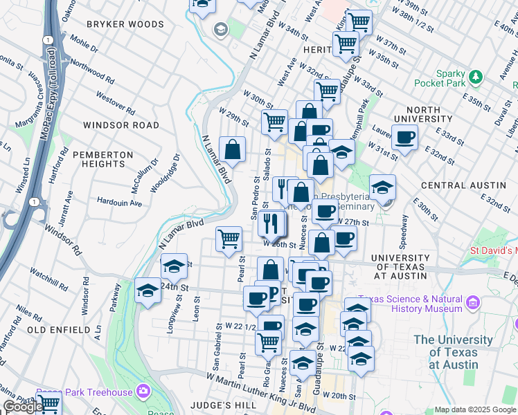 map of restaurants, bars, coffee shops, grocery stores, and more near 2704 Salado Street in Austin