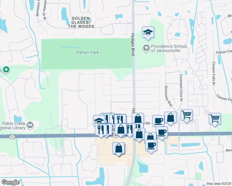 map of restaurants, bars, coffee shops, grocery stores, and more near 13517 Otway Road in Jacksonville