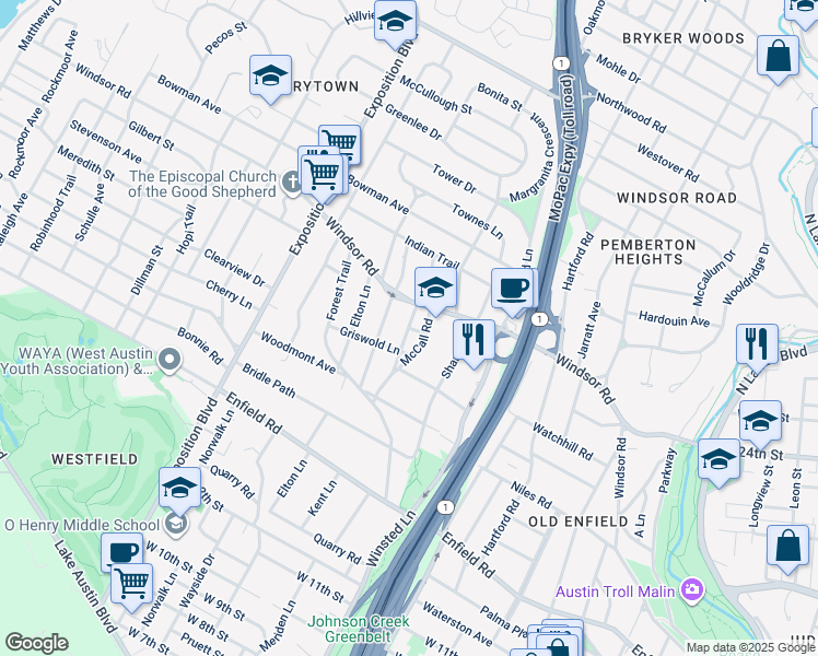 map of restaurants, bars, coffee shops, grocery stores, and more near Horn Lane in Austin