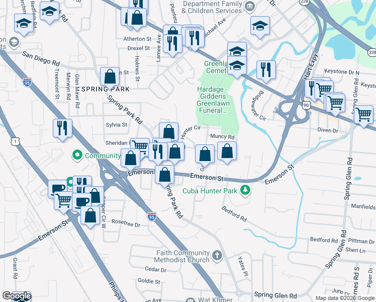 map of restaurants, bars, coffee shops, grocery stores, and more near 3920 Adirolf Road in Jacksonville