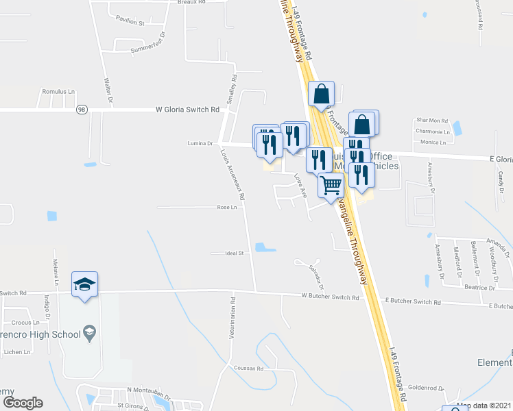 map of restaurants, bars, coffee shops, grocery stores, and more near 701 Louis Arceneaux Road in Lafayette