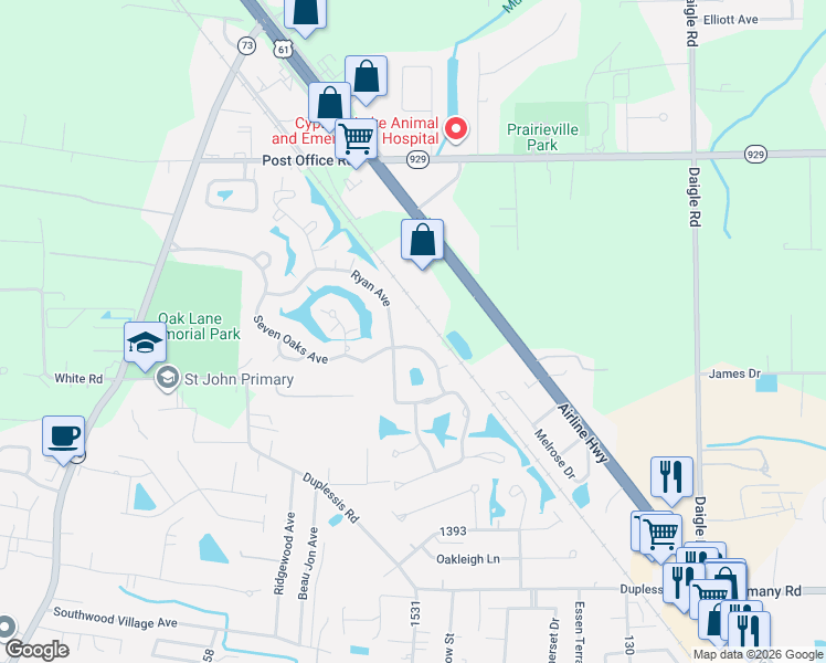 map of restaurants, bars, coffee shops, grocery stores, and more near 38200 Seven Oaks Avenue in Prairieville