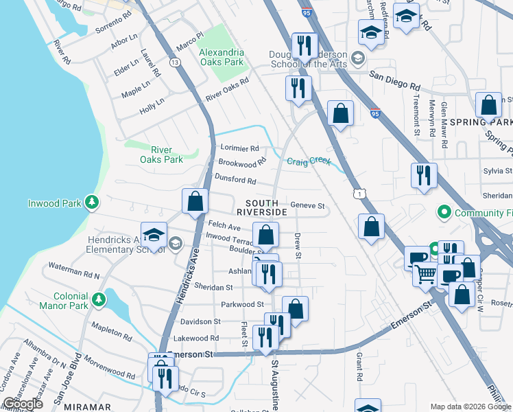 map of restaurants, bars, coffee shops, grocery stores, and more near 19 Danese Court in Jacksonville