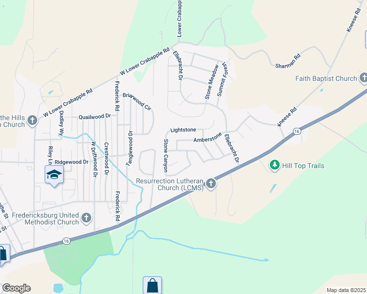 map of restaurants, bars, coffee shops, grocery stores, and more near 133 Stone Way in Fredericksburg