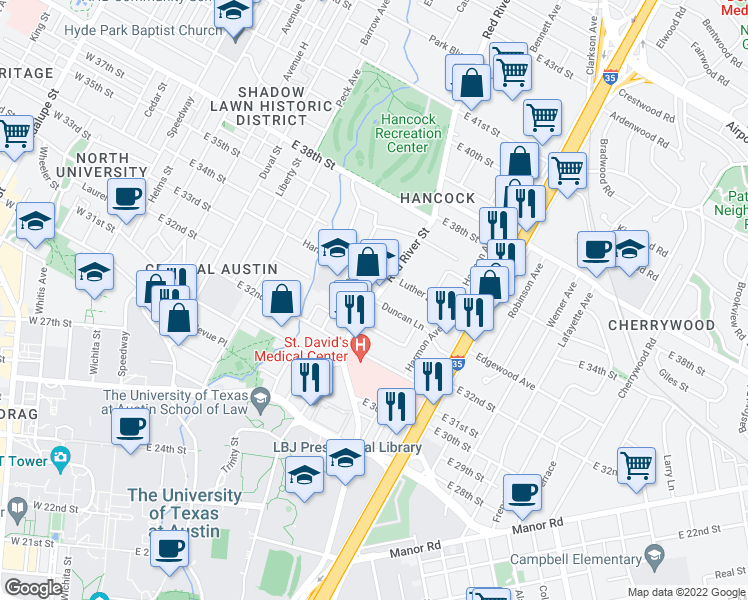 map of restaurants, bars, coffee shops, grocery stores, and more near Red River Street & Duncan Lane in Austin