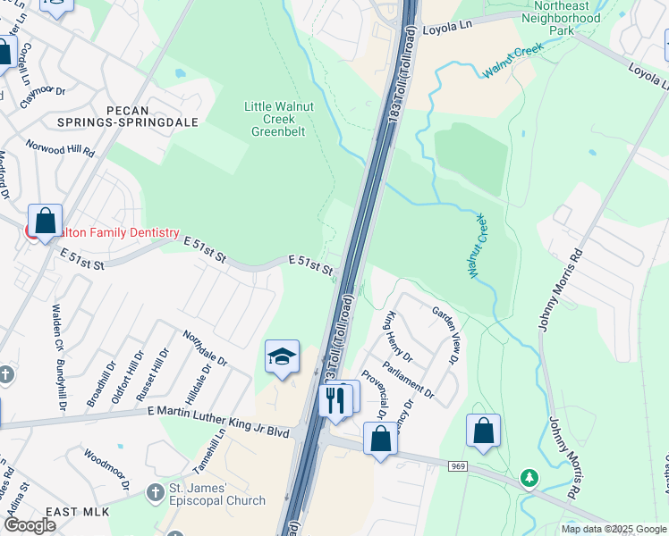 map of restaurants, bars, coffee shops, grocery stores, and more near 5606 East 51st Street in Austin
