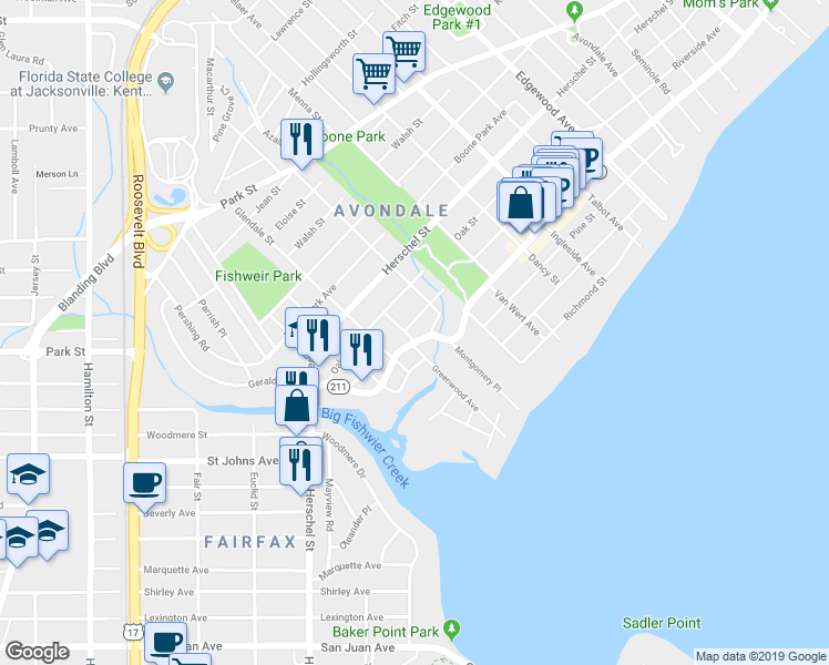 map of restaurants, bars, coffee shops, grocery stores, and more near 3865 St Johns Ave in Jacksonville