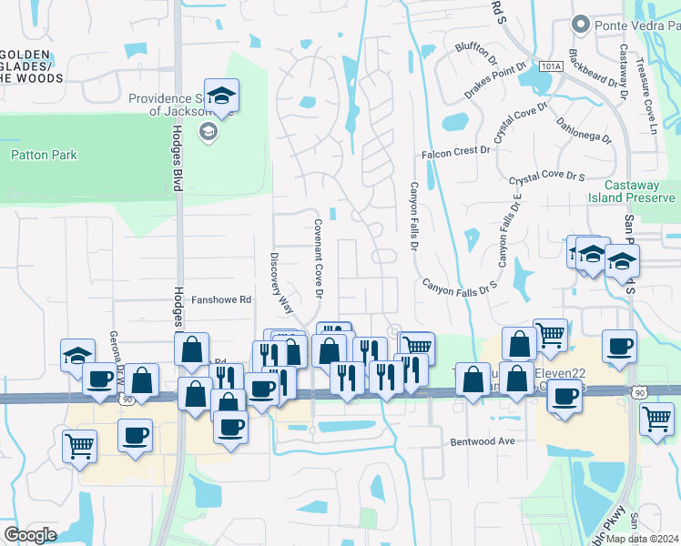 map of restaurants, bars, coffee shops, grocery stores, and more near 2999 Calder Drive in Jacksonville