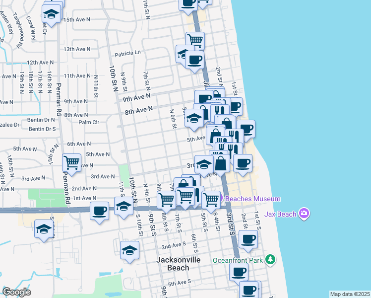 map of restaurants, bars, coffee shops, grocery stores, and more near 503 North 6th Street in Jacksonville Beach