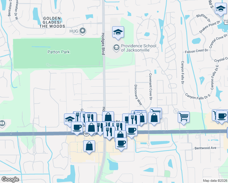 map of restaurants, bars, coffee shops, grocery stores, and more near 13713 Otway Road in Jacksonville