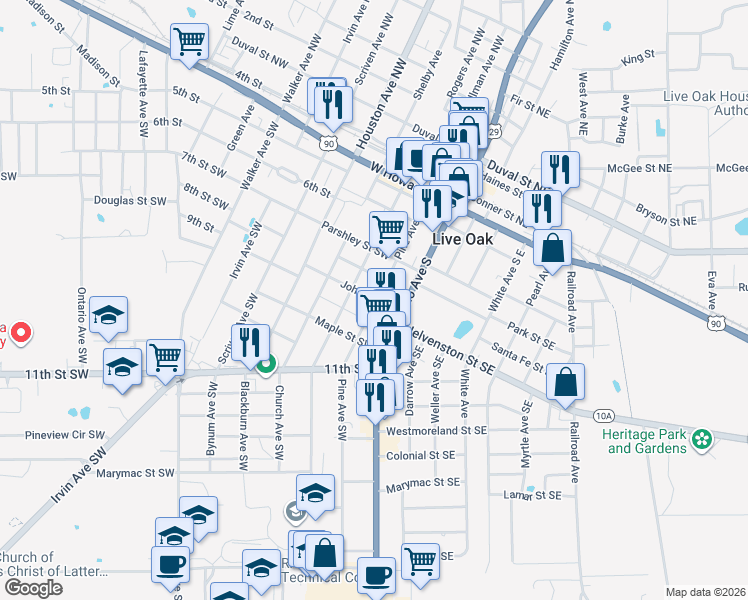 map of restaurants, bars, coffee shops, grocery stores, and more near 119 John Street Southwest in Live Oak
