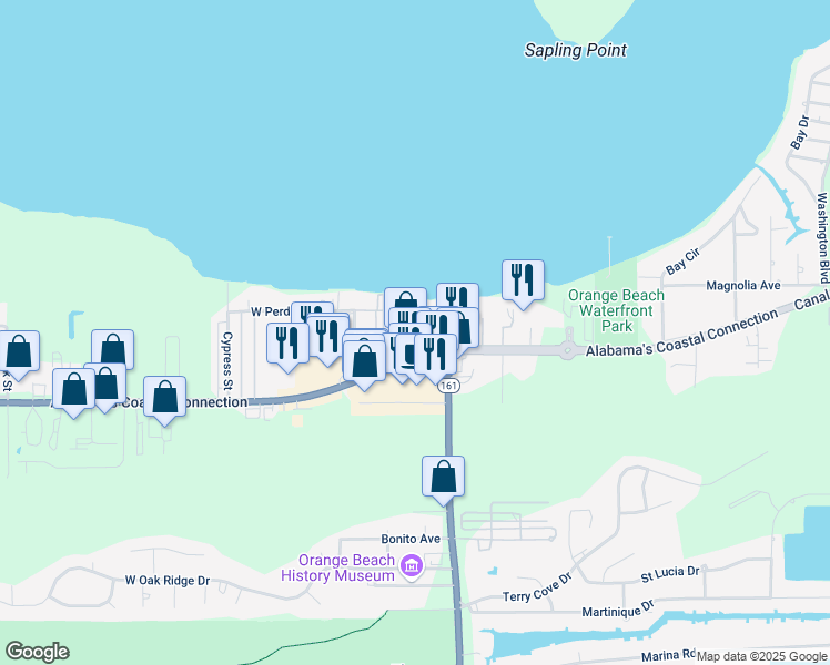 map of restaurants, bars, coffee shops, grocery stores, and more near 25957 Canal Road in Orange Beach