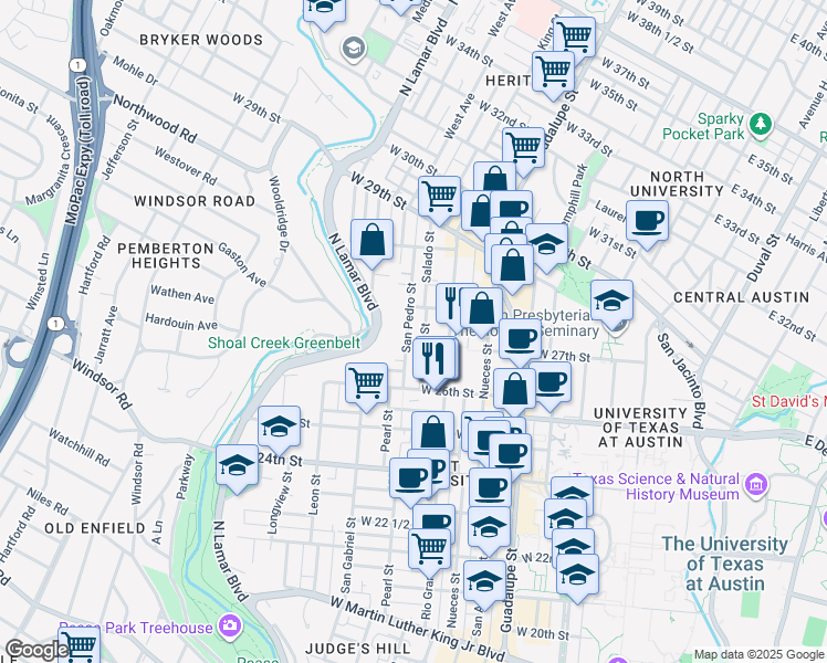 map of restaurants, bars, coffee shops, grocery stores, and more near 2614 San Pedro Street in Austin