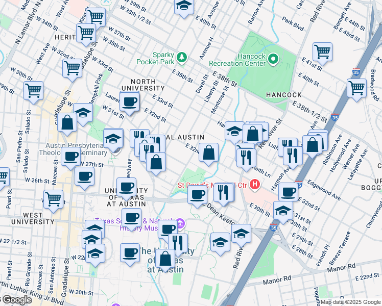 map of restaurants, bars, coffee shops, grocery stores, and more near 3110 Harris Park Avenue in Austin