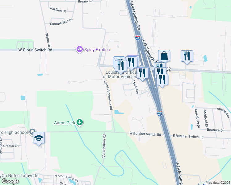 map of restaurants, bars, coffee shops, grocery stores, and more near 701 Louis Arceneaux Road in Lafayette