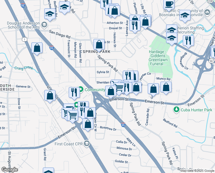 map of restaurants, bars, coffee shops, grocery stores, and more near 3417 Taylor Street in Jacksonville