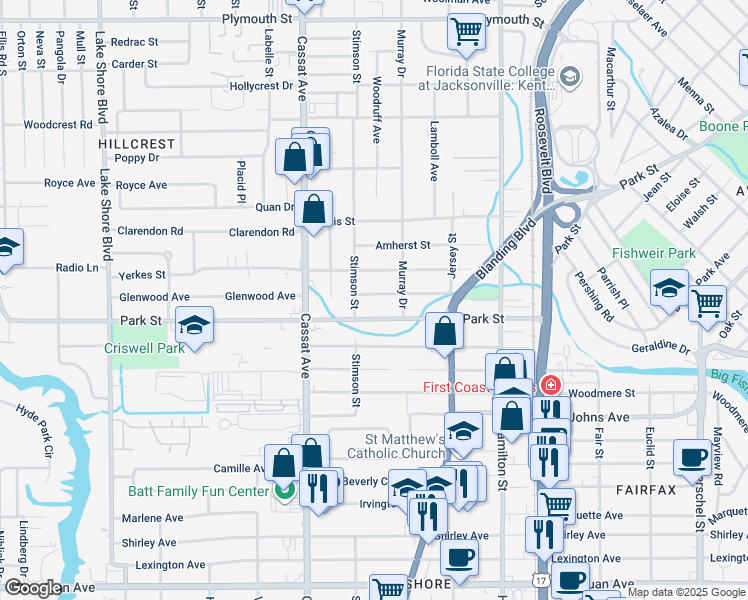 map of restaurants, bars, coffee shops, grocery stores, and more near 4734 Glenwood Avenue in Jacksonville