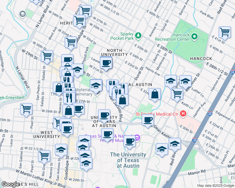 map of restaurants, bars, coffee shops, grocery stores, and more near 2911 San Jacinto Boulevard in Austin