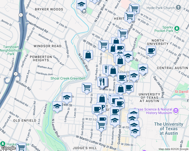 map of restaurants, bars, coffee shops, grocery stores, and more near 2704 San Pedro Street in Austin