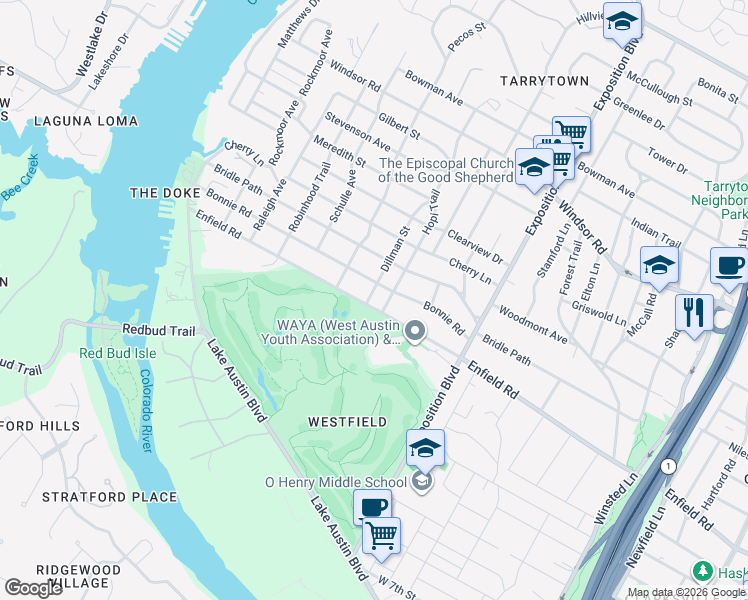 map of restaurants, bars, coffee shops, grocery stores, and more near 3206 Enfield Road in Austin