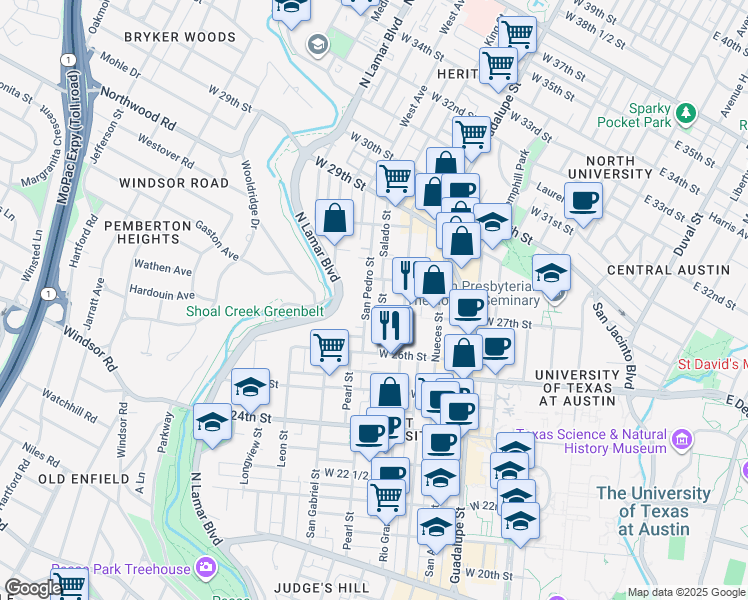 map of restaurants, bars, coffee shops, grocery stores, and more near 2614 San Pedro Street in Austin