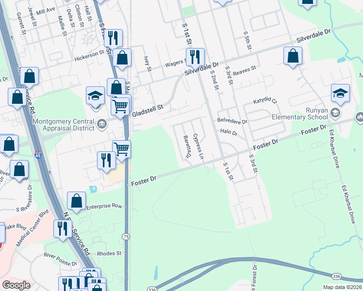 map of restaurants, bars, coffee shops, grocery stores, and more near 105 Baretta Drive in Conroe