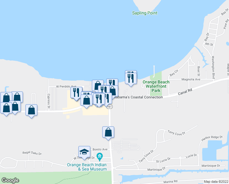 map of restaurants, bars, coffee shops, grocery stores, and more near Juniper Street in Orange Beach