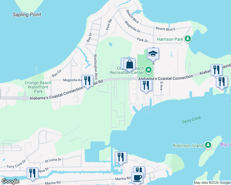 map of restaurants, bars, coffee shops, grocery stores, and more near in Orange Beach