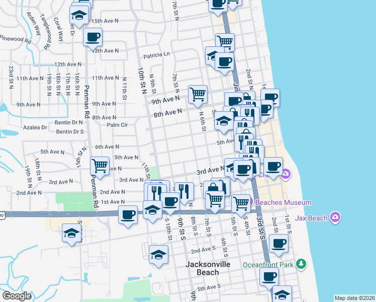 map of restaurants, bars, coffee shops, grocery stores, and more near 703 4th Avenue North in Jacksonville Beach