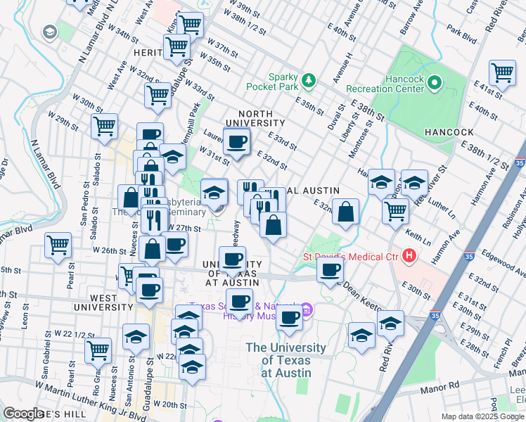 map of restaurants, bars, coffee shops, grocery stores, and more near 400 East 30th Street in Austin