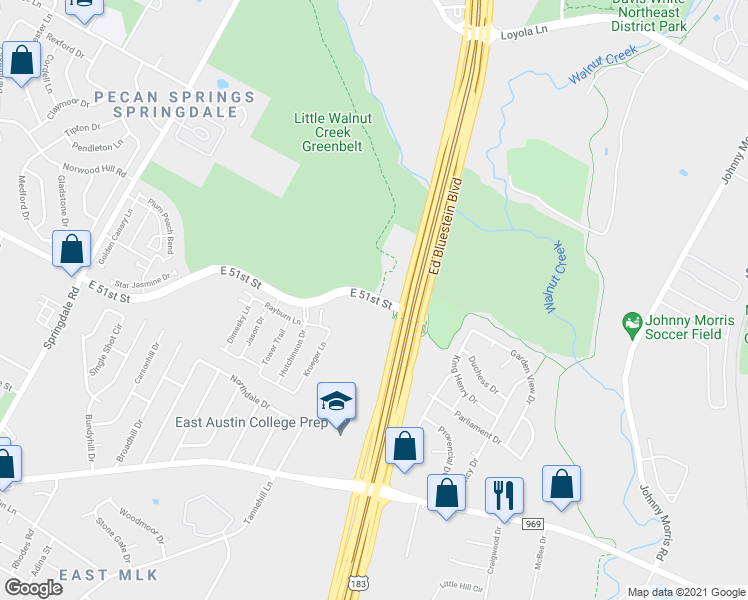 map of restaurants, bars, coffee shops, grocery stores, and more near 7283 East 51st Street in Austin