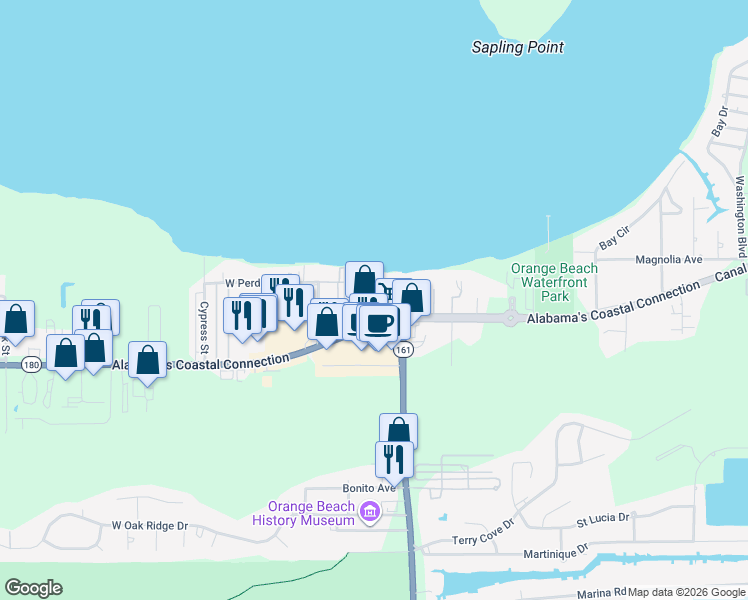 map of restaurants, bars, coffee shops, grocery stores, and more near 25957 Canal Road in Orange Beach