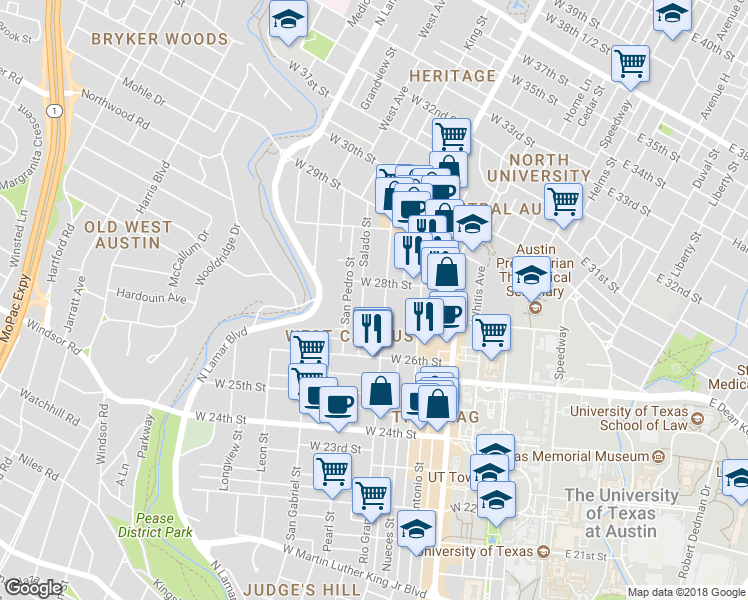 map of restaurants, bars, coffee shops, grocery stores, and more near 2704 Rio Grande Street in Austin