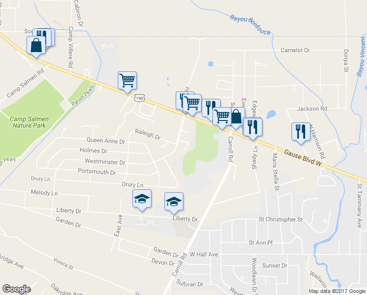 map of restaurants, bars, coffee shops, grocery stores, and more near 118 Seville Court in Slidell