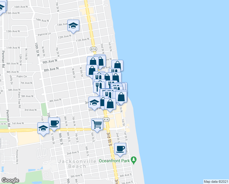 map of restaurants, bars, coffee shops, grocery stores, and more near 412 2nd Street North in Jacksonville Beach
